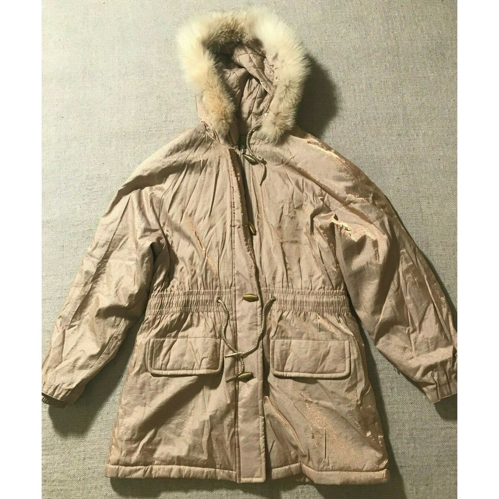 Lew Magram Women's Coat Small Gold Nylon Blend Hooded Jacket Fur Trim #992